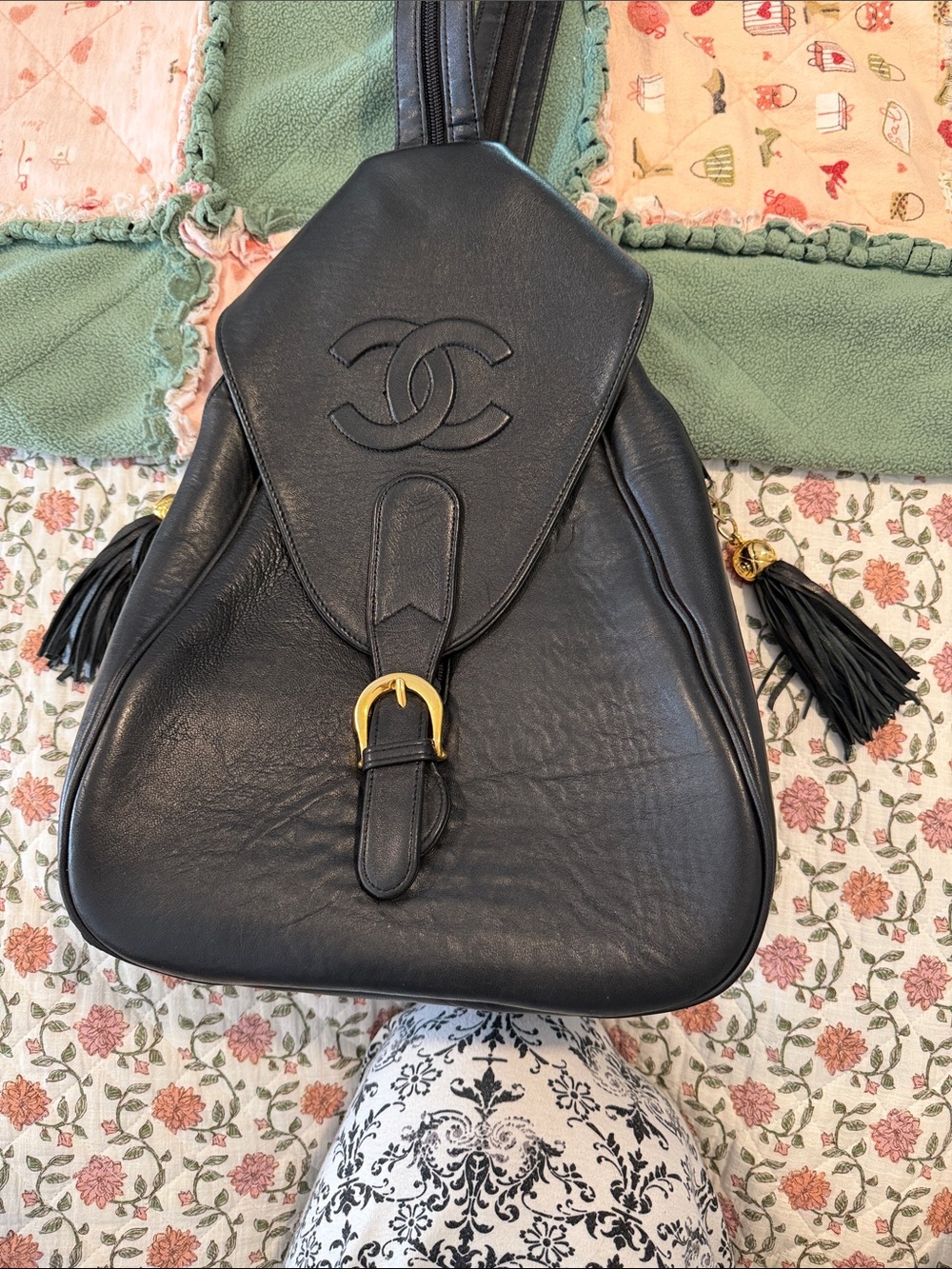 Black Leather Women's Backpack with Tassel Accent